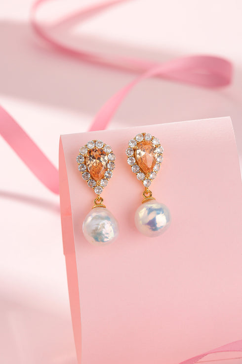 Baroque Pearl Peach Zirconia Earrings
